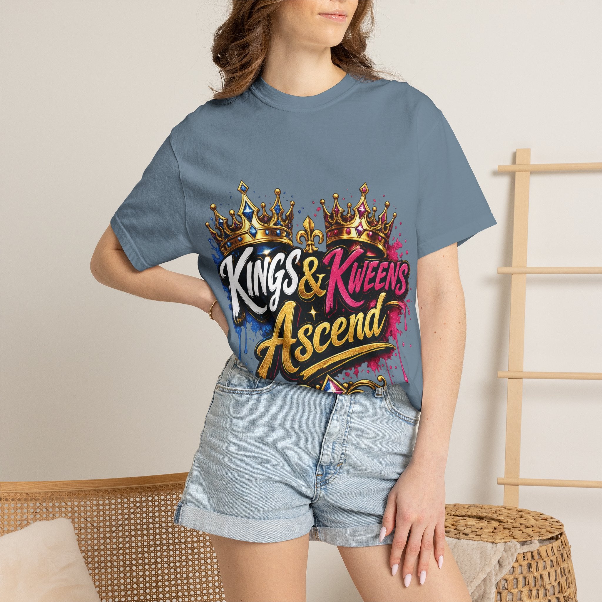 Kings & Kweens Ascend t-shirt | Crown graffiti lettering, colorful drip design