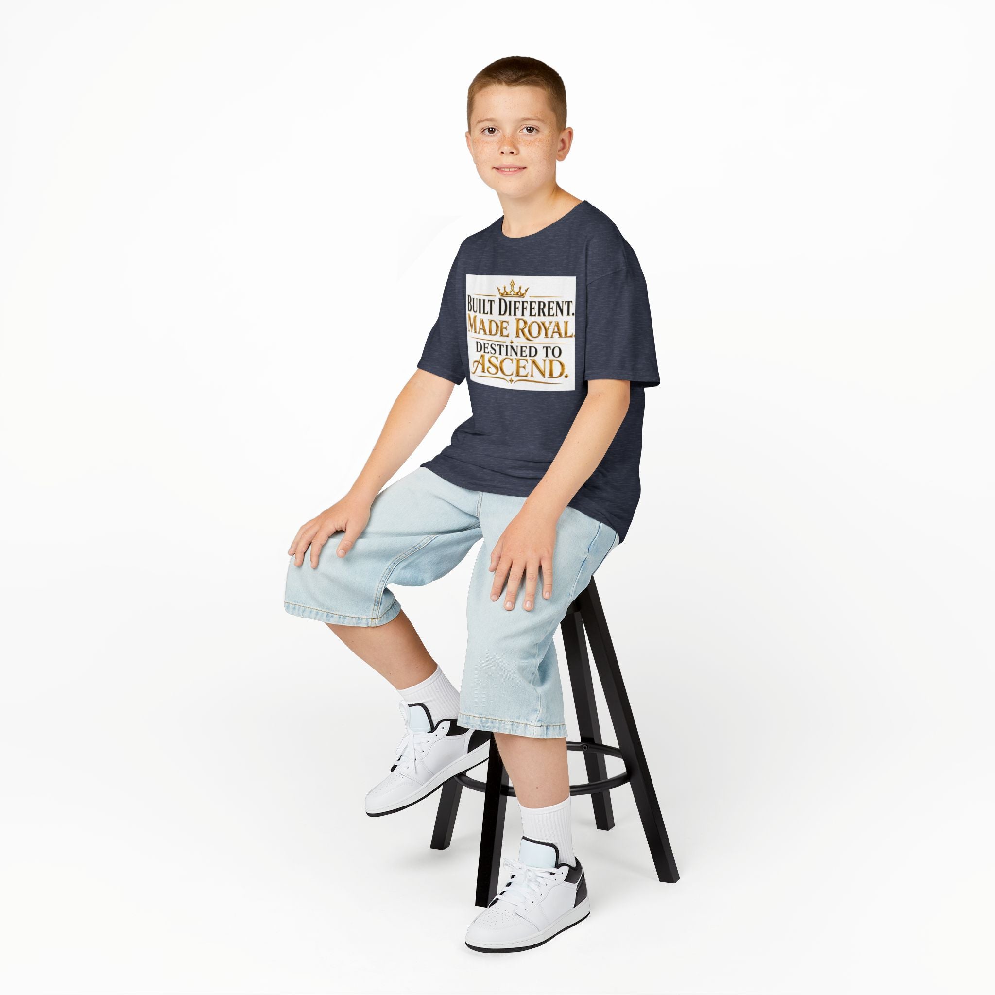 Kids Tee — "Built Different. Made Royal. Destined to Ascend." Gold Crown Graphic