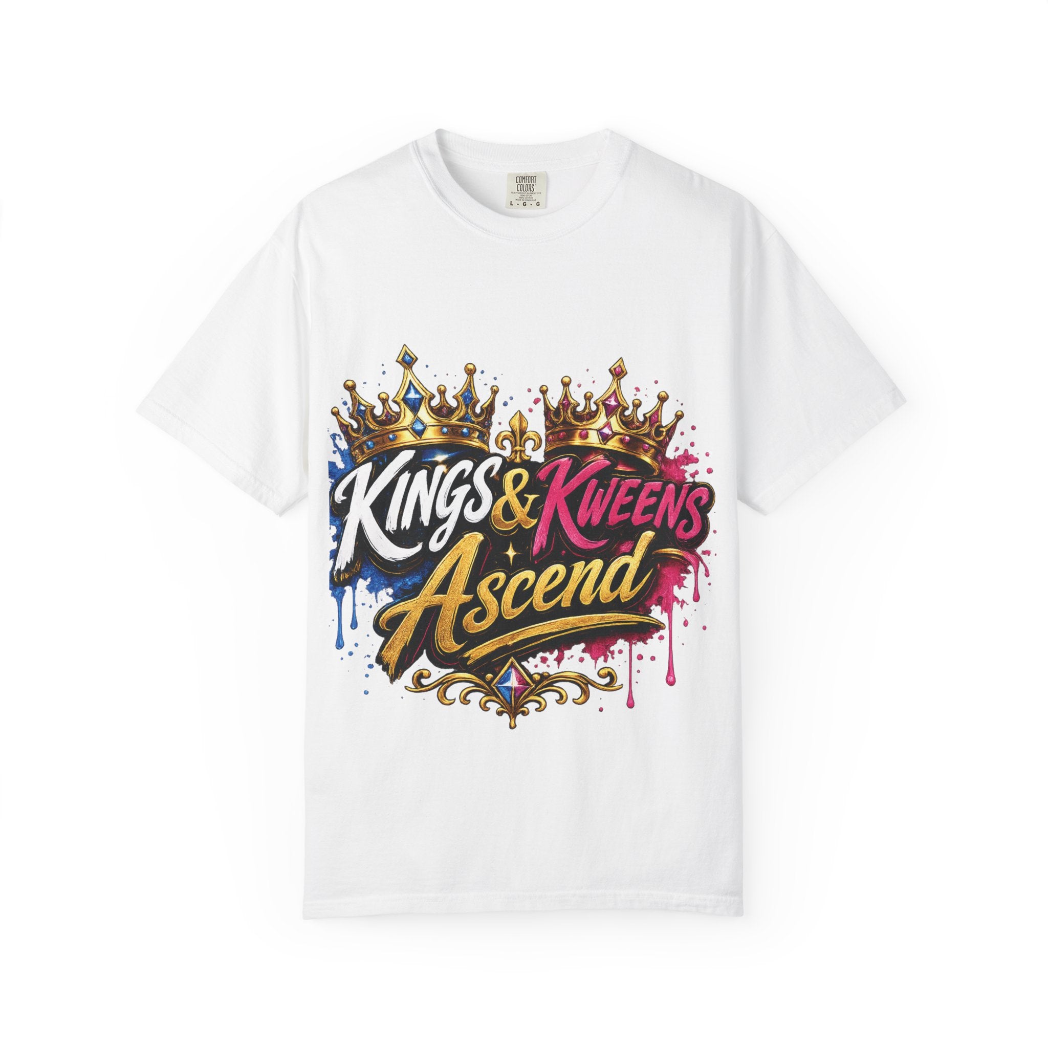 Kings & Kweens Ascend t-shirt | Crown graffiti lettering, colorful drip design