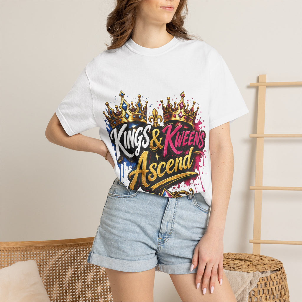 Kings & Kweens Ascend t-shirt | Crown graffiti lettering, colorful drip design