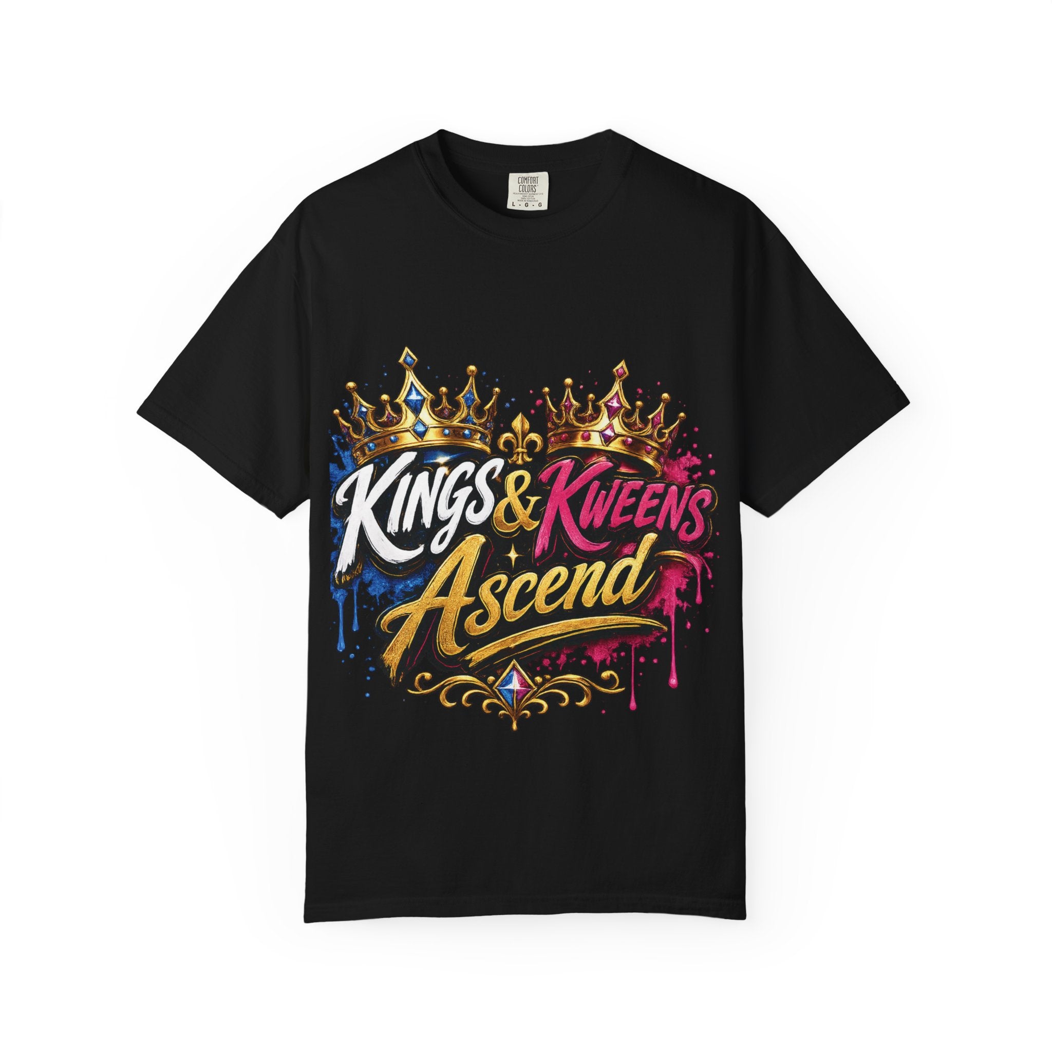 Kings & Kweens Ascend t-shirt | Crown graffiti lettering, colorful drip design