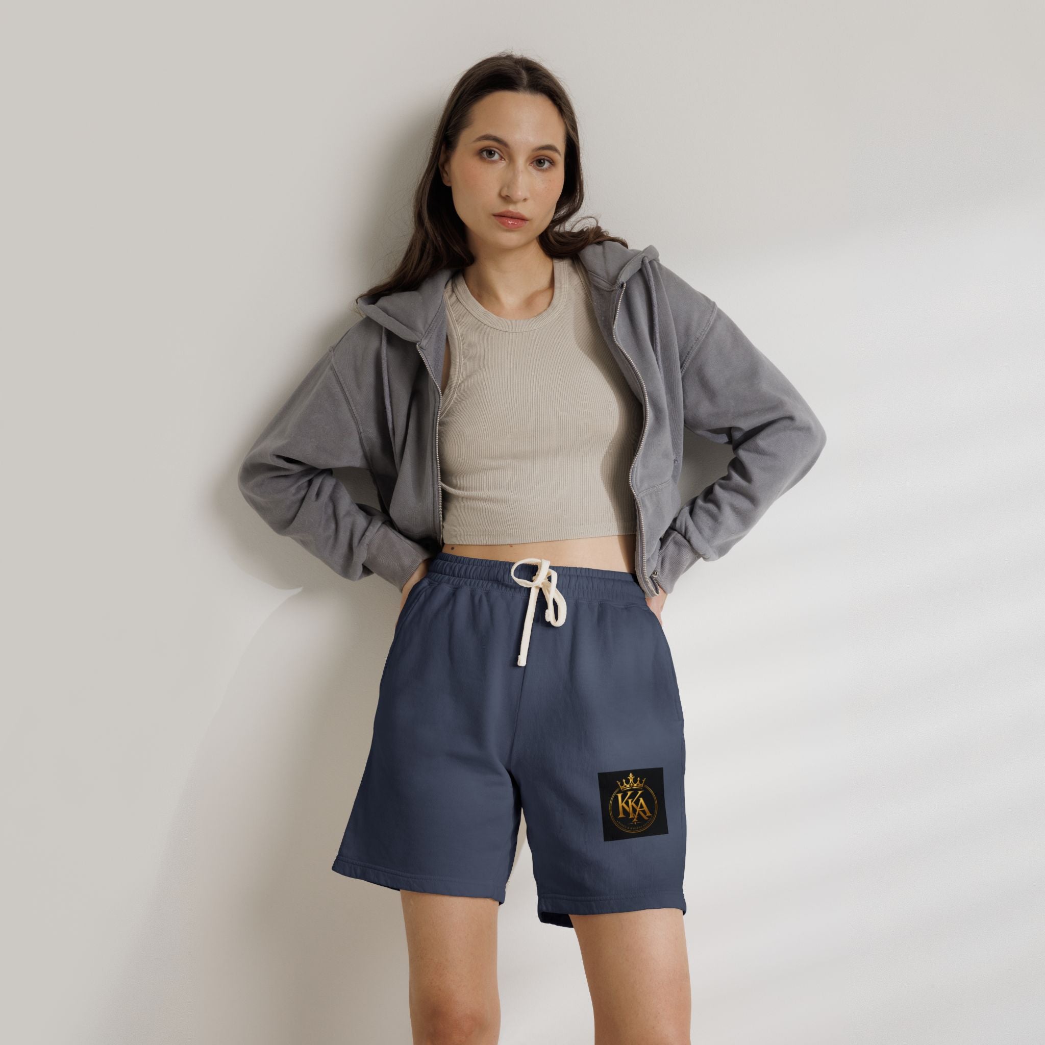 KKA Crown Logo Fleece Sweat Shorts — Garment-Dyed Casual Lounge Shorts