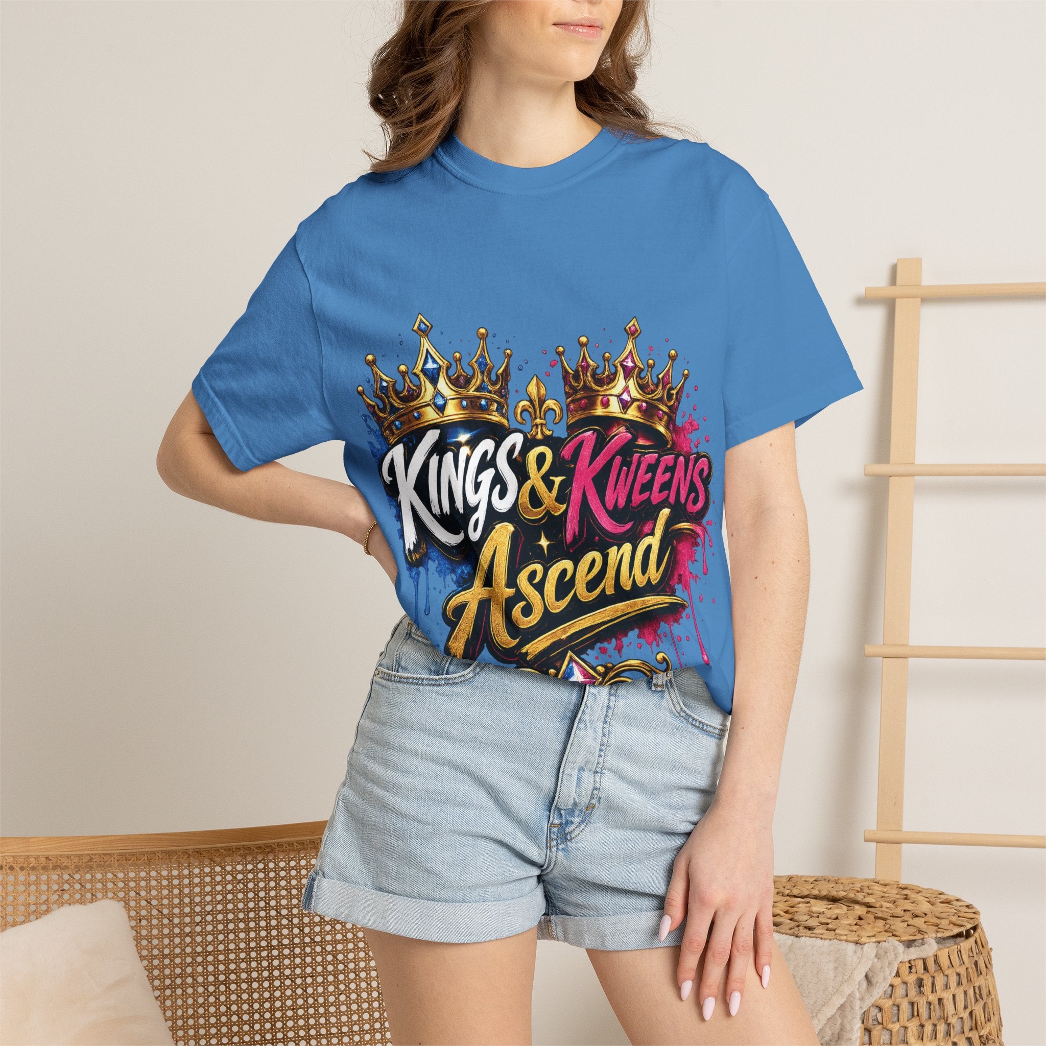 Kings & Kweens Ascend t-shirt | Crown graffiti lettering, colorful drip design