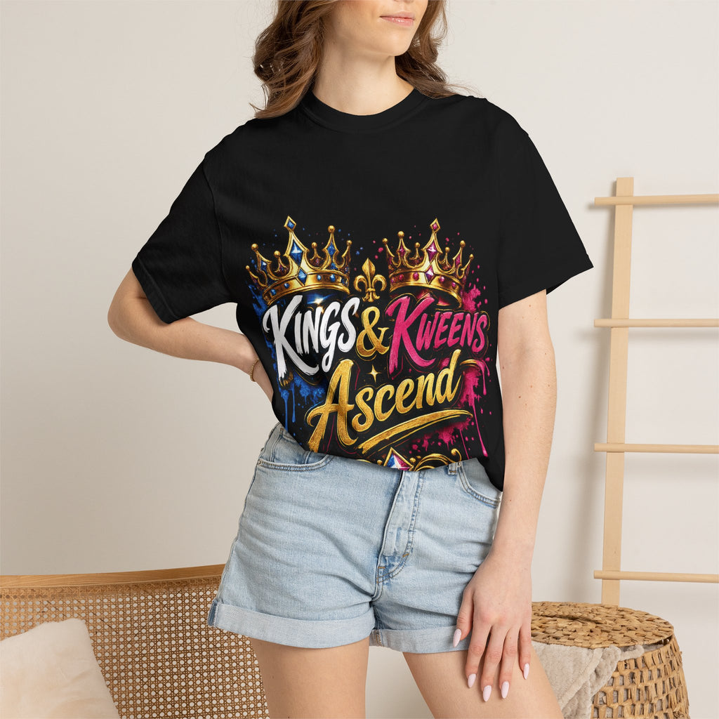 Kings & Kweens Ascend t-shirt | Crown graffiti lettering, colorful drip design