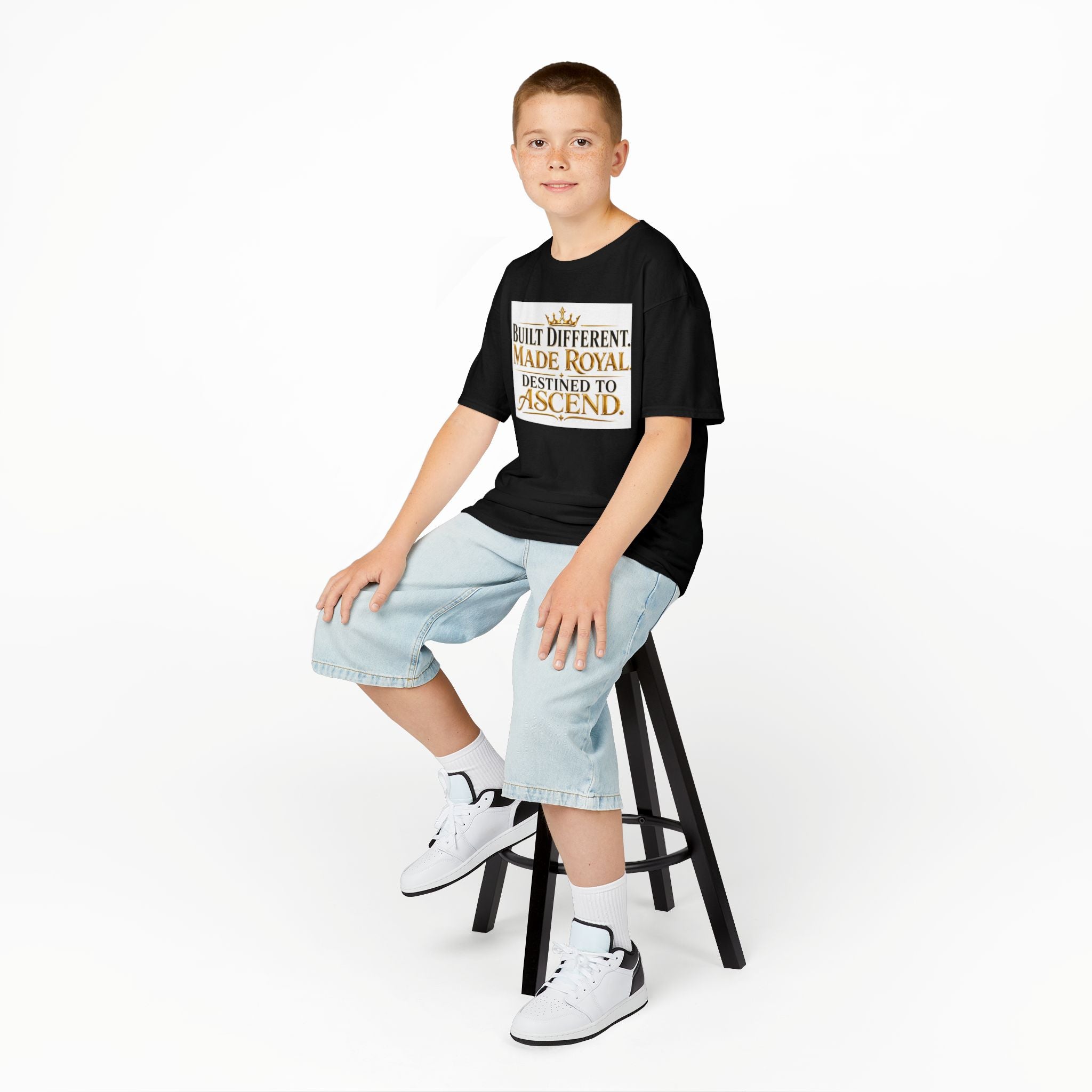 Kids Tee — "Built Different. Made Royal. Destined to Ascend." Gold Crown Graphic